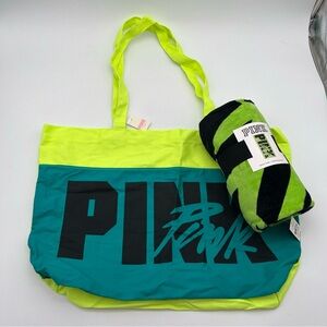 New Victoria Secret PINK Canvas Beach Tote Teal Green Bag With Beach Towel